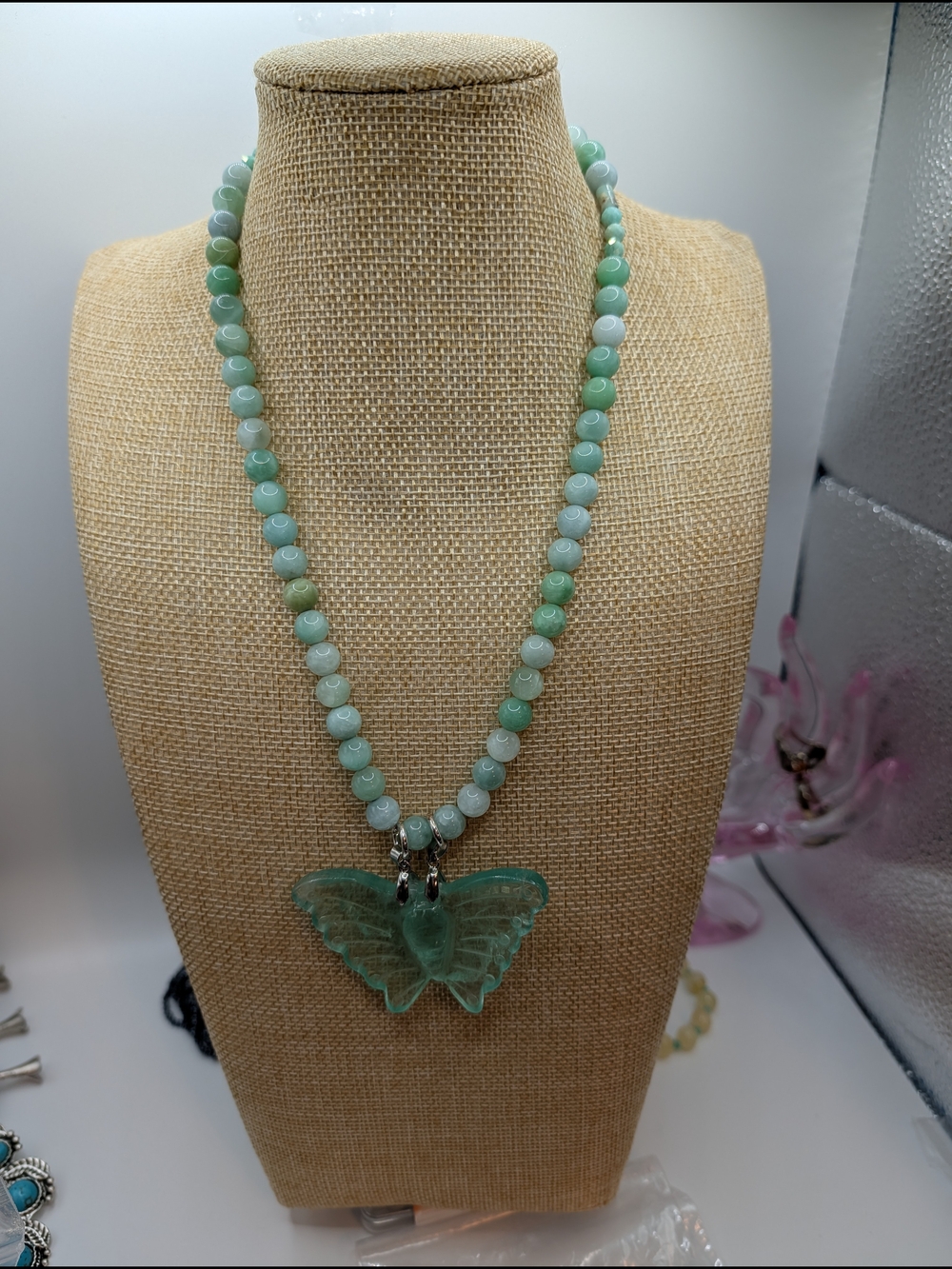 Green Beaded Butterfly Pendant Necklace - Brand Not Specified